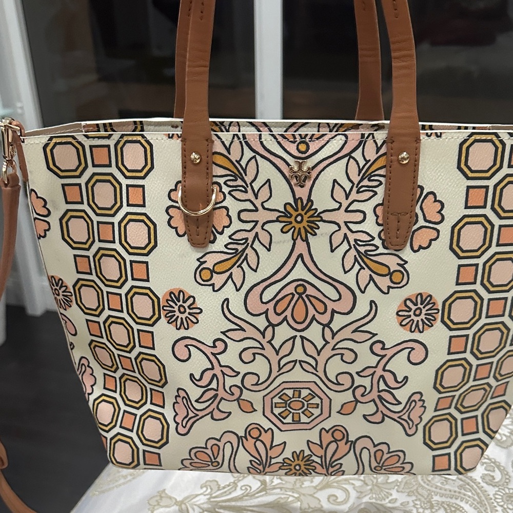 Tory Burch Cream and Tan Geometric Floral Tote